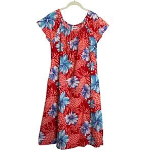 Vintage Montgomery Ward House Dress Muumuu Large Floral Knee Length Red Blue